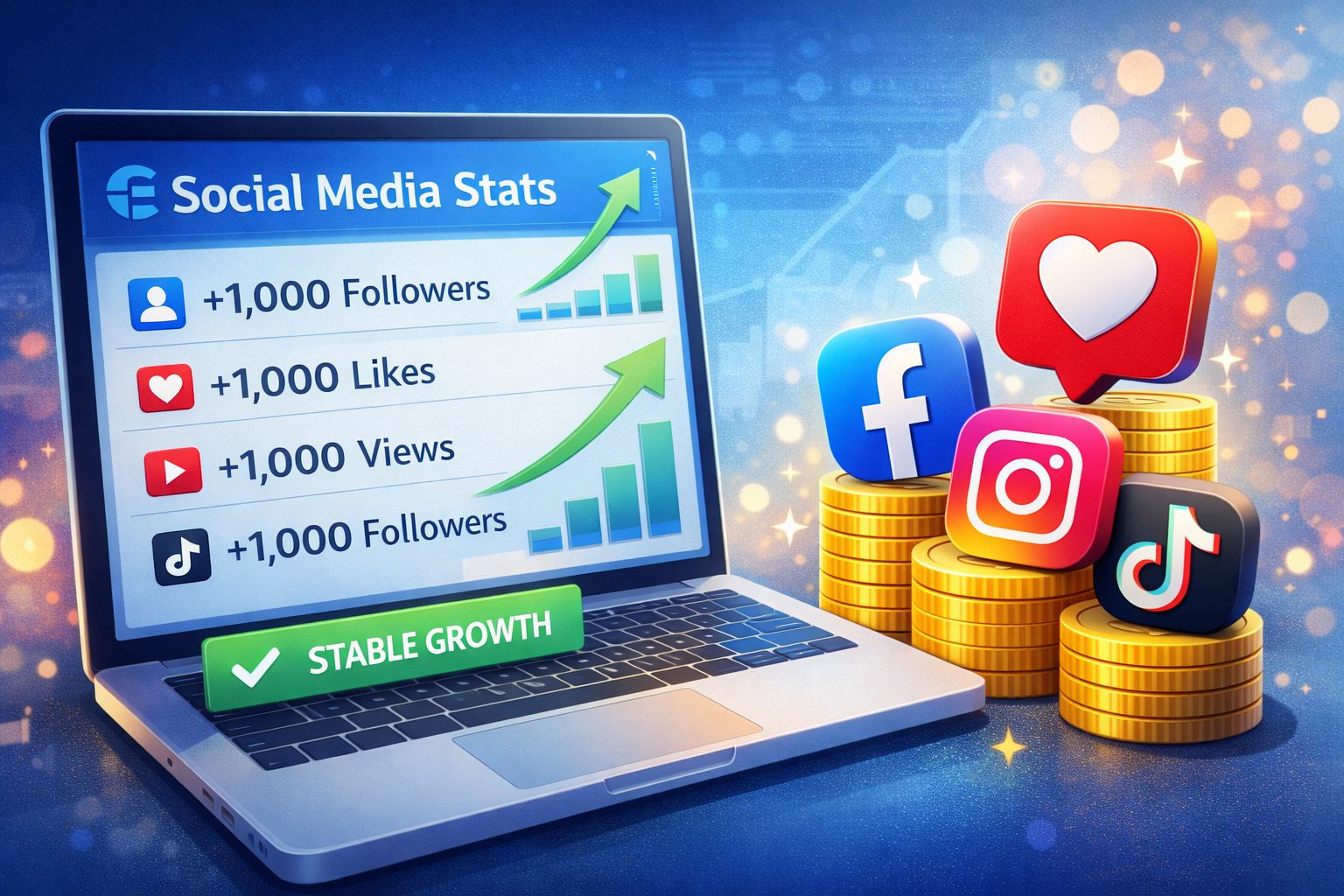 Social media growth results displayed on a laptop screen with popular platform icons